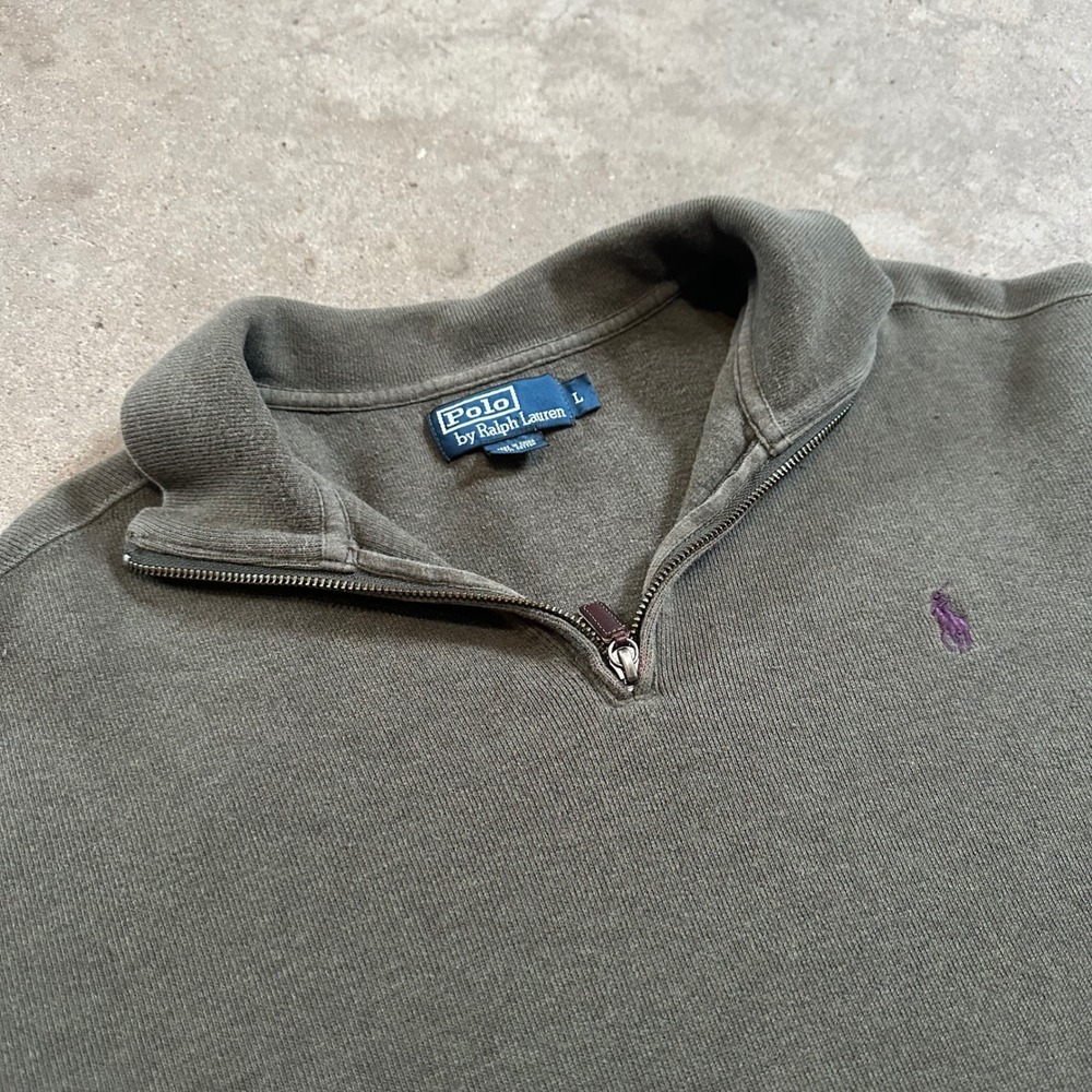 Polo Ralph Lauren Quarter Zip Pullover Mens Large Olive Green 100% Cotton Boxy - Picture 2 of 9
